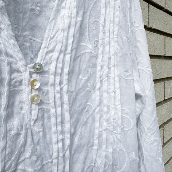 Kenar White 100% Linen Embroidered Tunic Top M V-Neck 3/4 Sleeve Boho Beach - Picture 4 of 8
